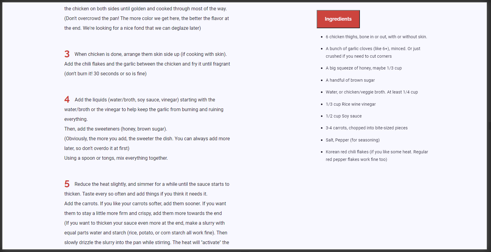ingredient sidebar floats on right side of window